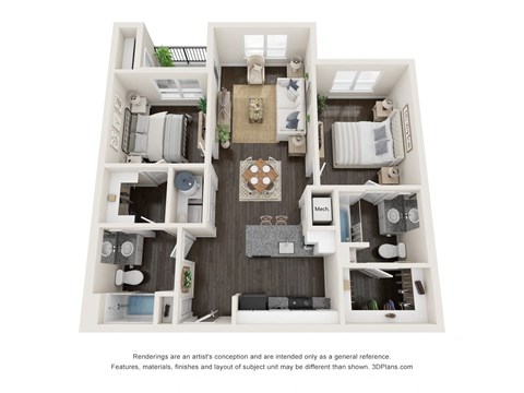 Floor plan for 2 beds, 2 baths, 927 sqft